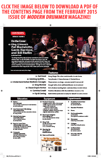 February 2015 Issue of Modern Drummer Table of Contents