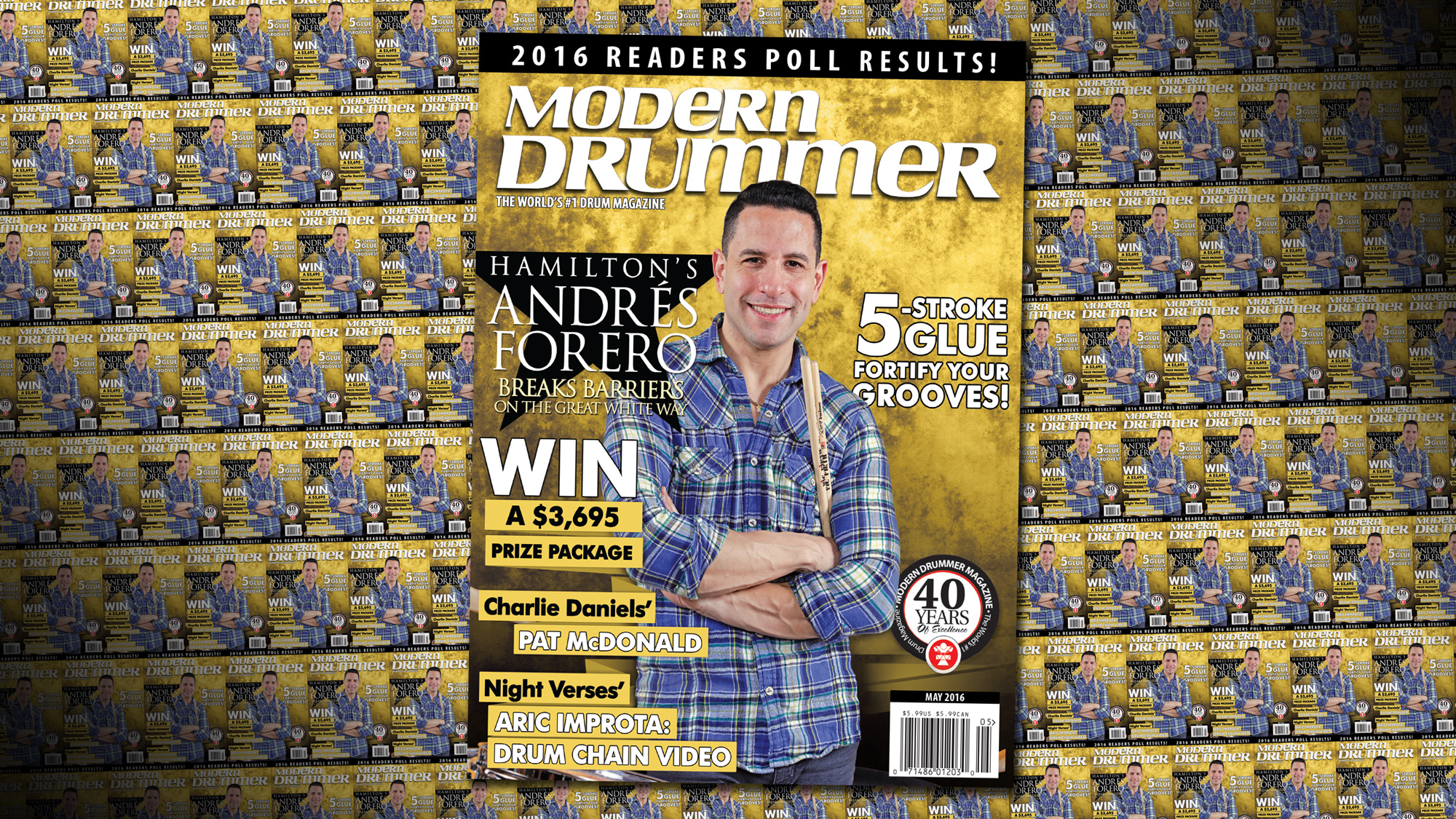 May 2016 Issue of Modern Drummerfeaturing Andrés Forero of Hamilton