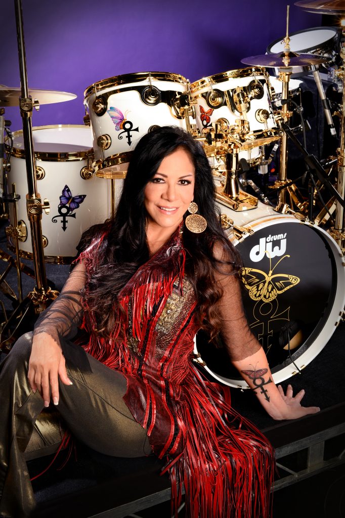 Sheila E with Prince Tribute custom drum kit by DW Drums at Center Staging, Burbank, CA on June 23, 2016 at rehearsals for BET Awards. Photograph by Rob Shanahan