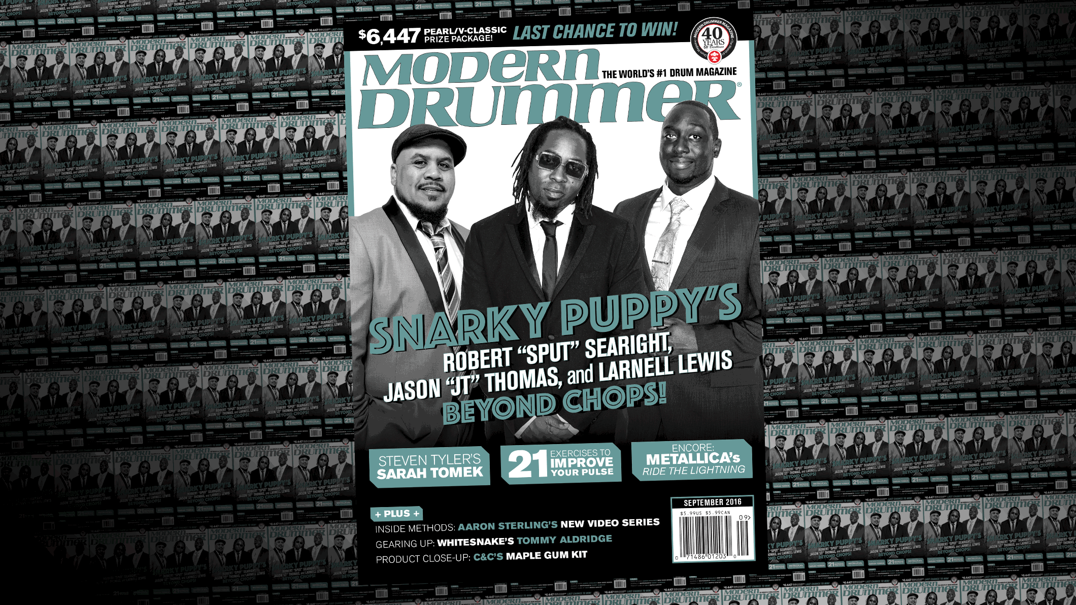 September 2016 Issue of Modern Drummer magazine featuring Snarky Puppy’s Robert “Sput” Searight, Larnell Lewis, and Jason “JT” Thomas