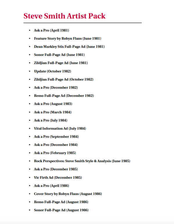 Steve Smith Artist Pack Table of Contents