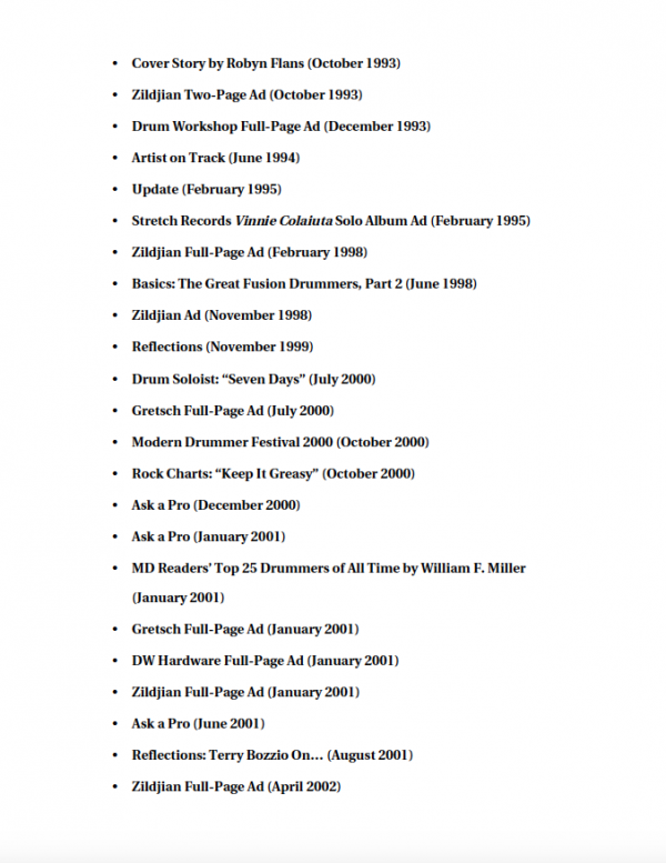 Vinnie Colaiuta Artist Pack Table of Contents