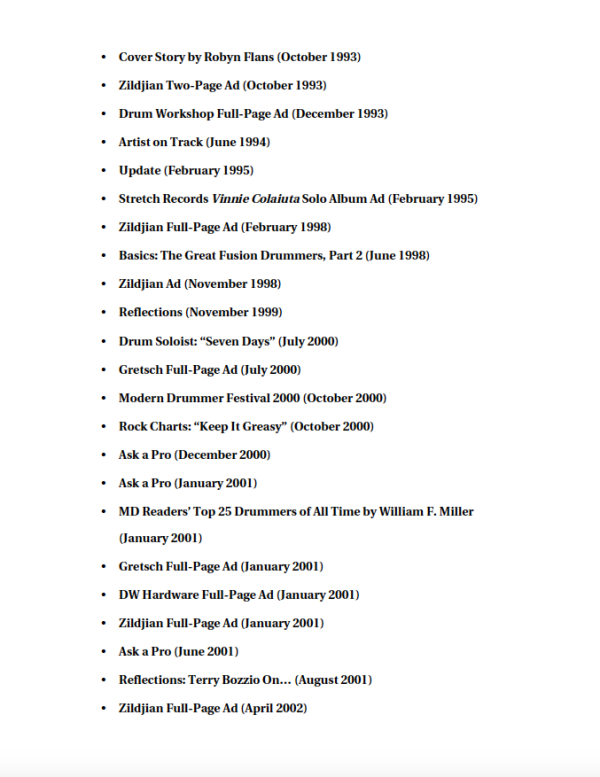 Vinnie Colaiuta Artist Pack Table of Contents