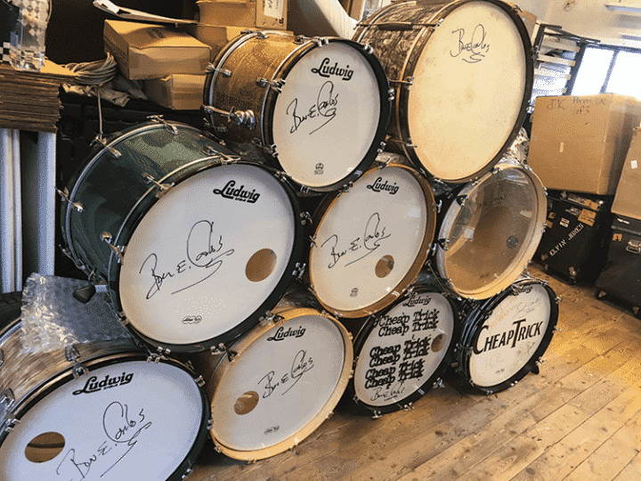 A few of Bun E.’s Ludwig bass drums.