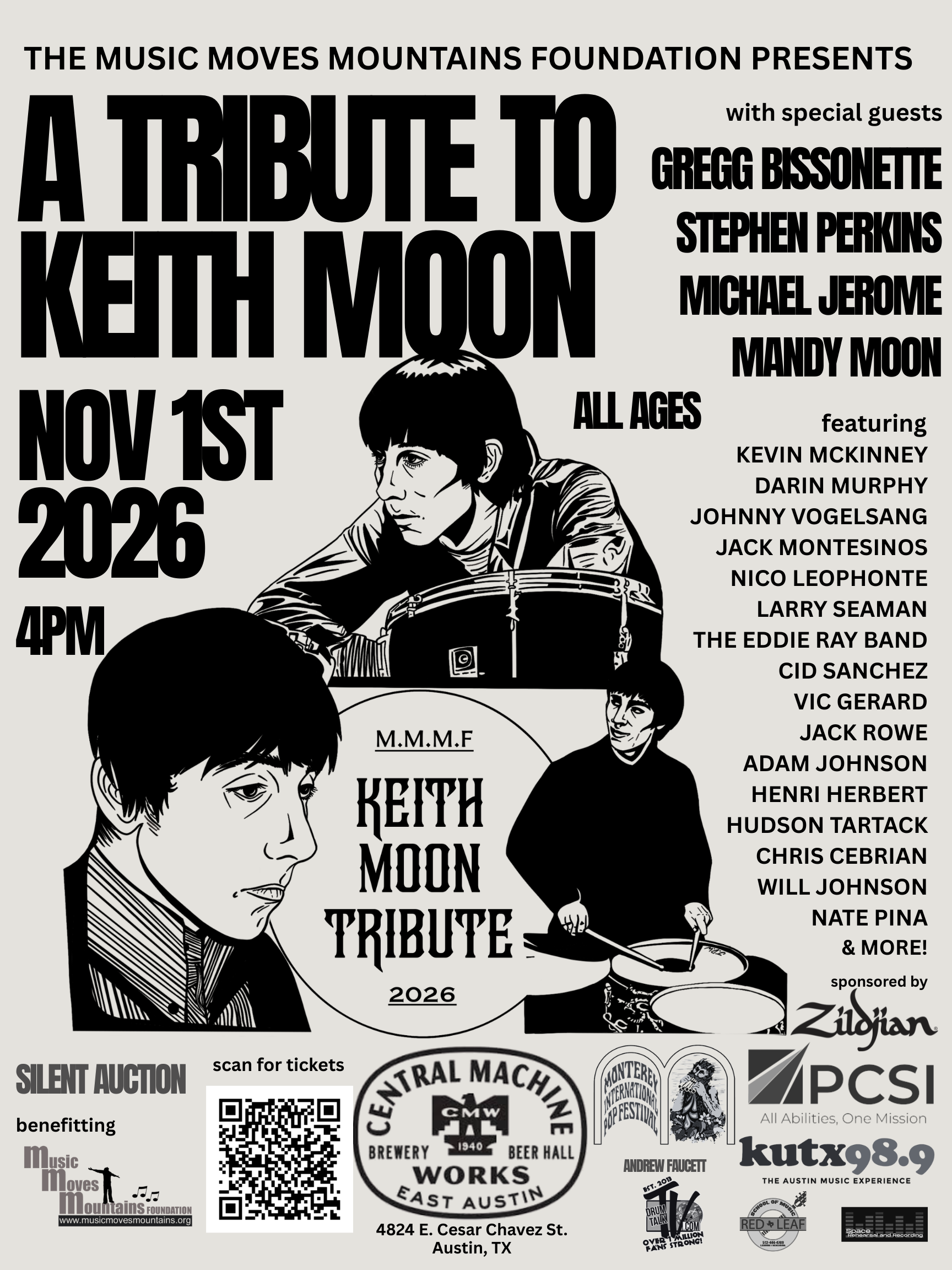 MMMF’s annual benefit concert to host Tribute to Keith Moon with special guest drummers Gregg Bissonette and Stephen Perkins on November 1st at Central Machine Works in Austin