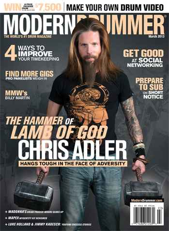 March 2013 Cover of Modern Drummer magazine featuring Chris Adler
