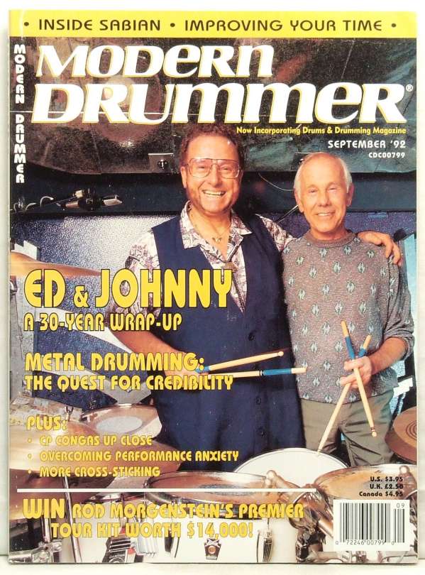 Ed Shaughnessy ad Johnny Carson on the cover of Modern Drummer magazine