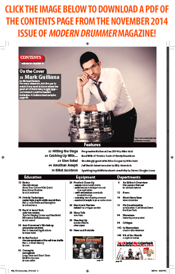 November 2014 Issue of Modern Drummer featuring Mark Guiliana Table of Contents
