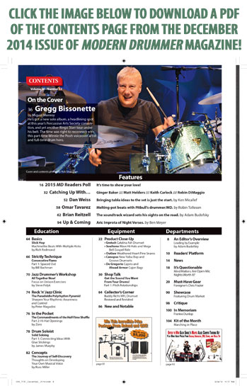 December 2014 Issue of Modern Drummer featuring Gregg BissonetteTable of Contents