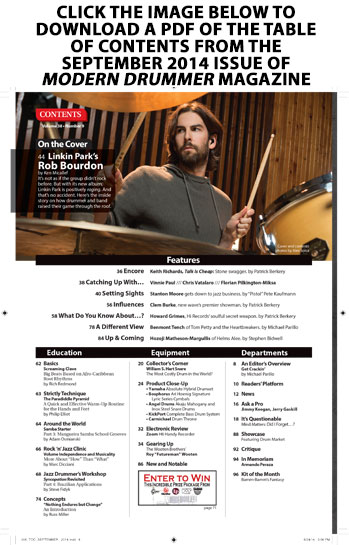 August 2014 Issue of Modern Drummer Table of Contents Featuring Shannon Leto