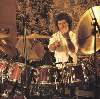 Drummer Simon Phillips with a tapestry